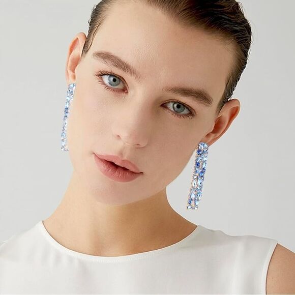 Yellow Gold with Blue Sapphire Crystal Geometric Rectangle Post Back Earrings - Picture 5 of 6